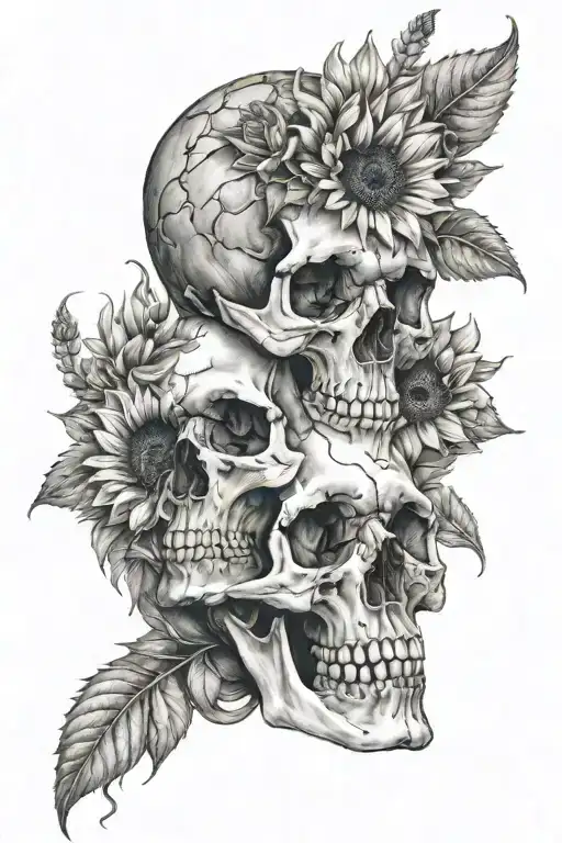 Two Skulls With Crowns Underneath Her With Sunflowers