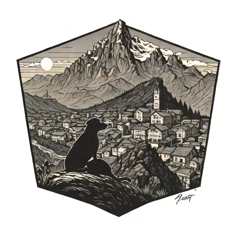 A Silhouette Of A Dog Sitting On A Mountain Peak Overlooking A Bakery Below