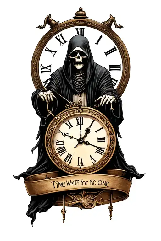 Grim Reaper With Clock With The Words Time Waits For No One