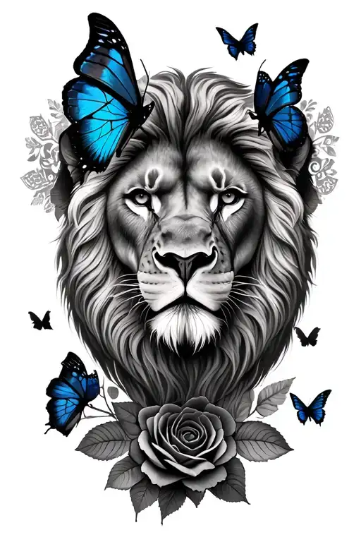 Black Lion Face With Surrounded By Black Roses And Black Butterflies
