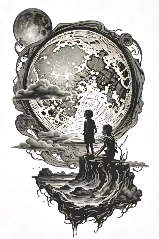 Black And White Moon With A Little Boy's Silhouette