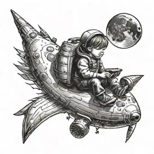 Little Boy Riding A Pizza Planet Rocket Near The Moon
