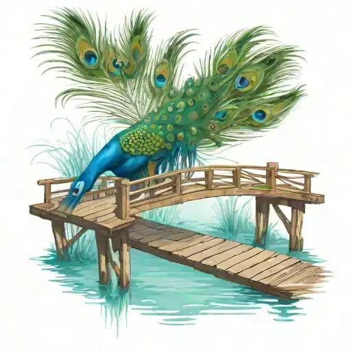 Wooden Bridge Over Water With Peacock Feather