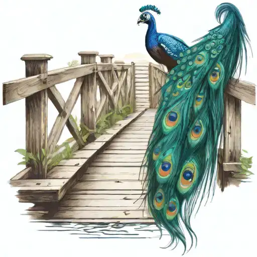 Wooden Bridge With Peacock Feather Intertwined