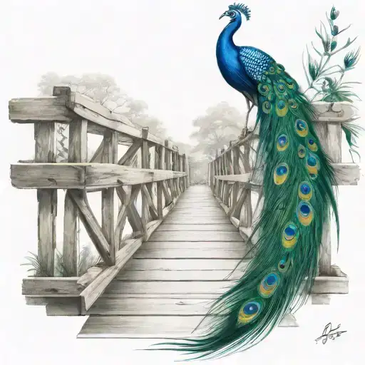 Wooden Bridge With Peacock Feather Intertwined