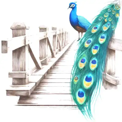 Black And White Wooden Bridge With Colorful Peacock Feather