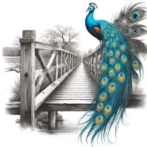 Black And White Wooden Bridge With Colorful Peacock Feather