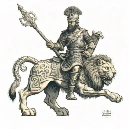 A Ukrainian Kozak Warrior With A Lion Head Roaring Behinde Him The Warrior Has A Ukrainian Trizub