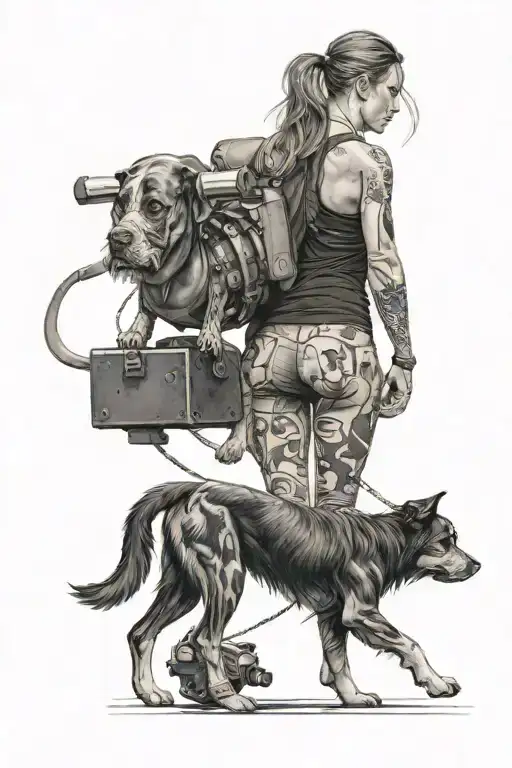 A Fit Woman In Tights Carrying Dumbells Walking Away And A Small And Big Dog Following Her