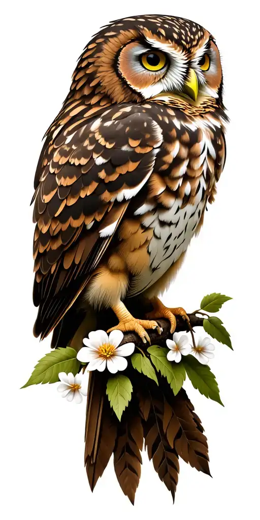A Great Profile Owl That Turns The Head On A Branch With Leaves And Flowers