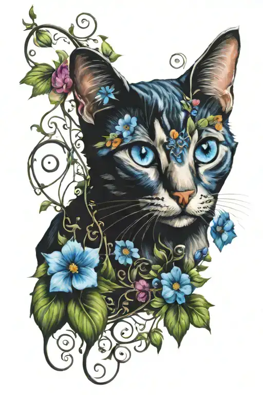 Cat With Blue Huge Eyes And Flowers And Vines Colorful