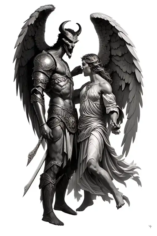 Fight Between Demon And Angel With Greek Armor