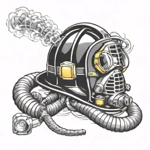 Firefighter Helmet And Compressed Air Breathing Apparatus And Fire Hose With Fire As Background