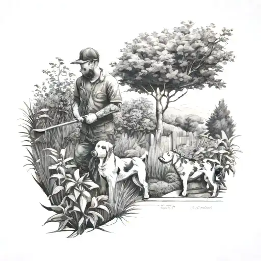 A Blackwork Tattoo Of A Landscaper Working On A Garden With Their Favorite Dog By Their Side