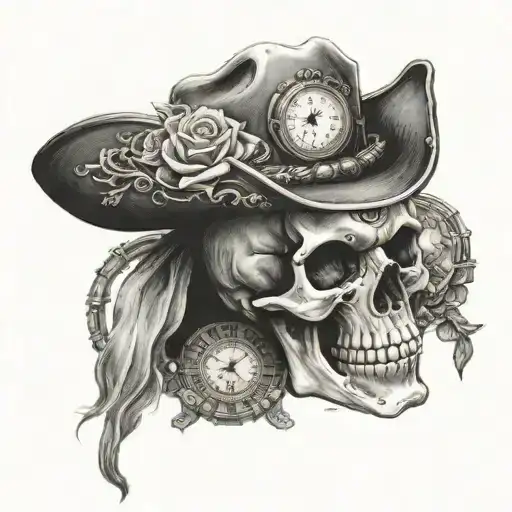 Skull With Hat Cowboy And Clock