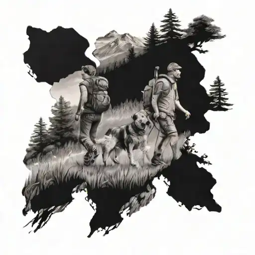 A Black And Grey Tattoo Of A Couple Hiking Together In The Countryside With Their Dog