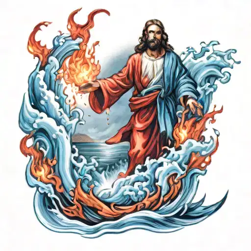 Red And Blue Flame With Jesus Walking On Water