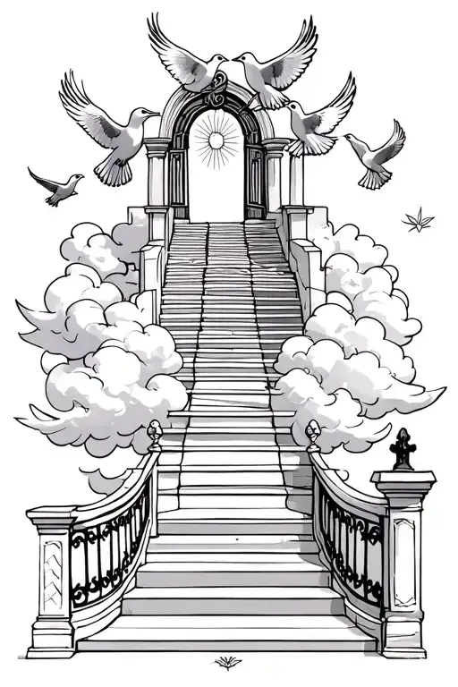Stairs To Heaven With Doves And Clouds With A Gate