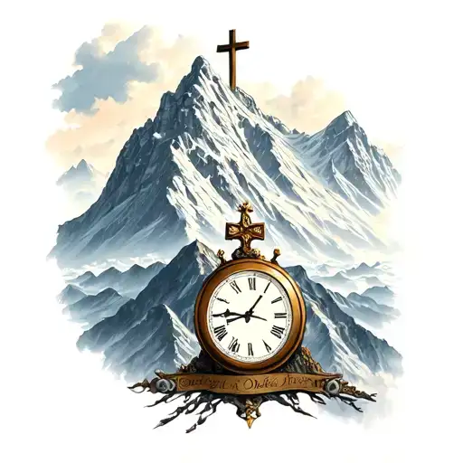 Mountain With A Cross On Top And A Clock Below The Mountain