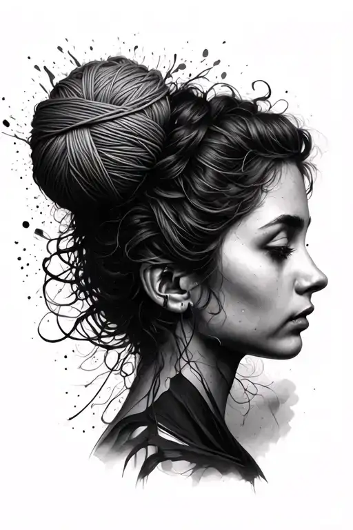 Side Profile Female Face With Yarn Exploding From Top It