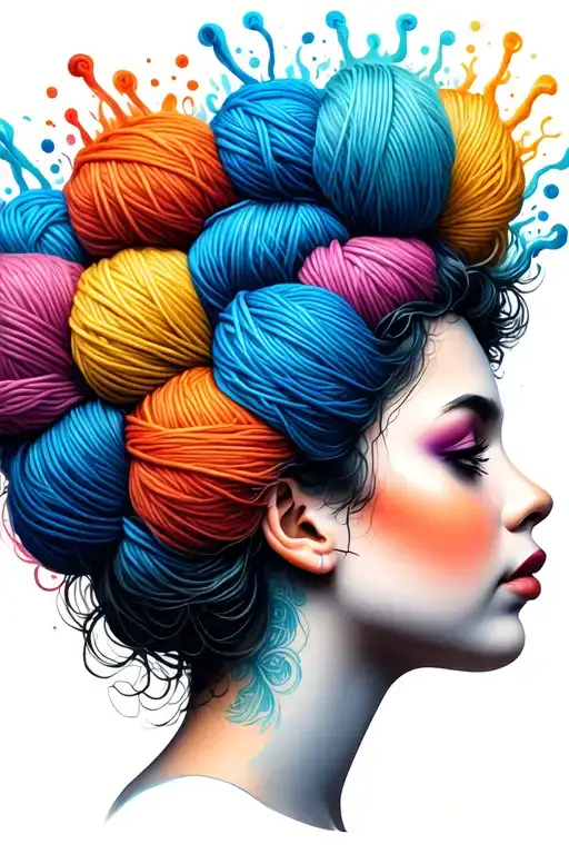 Side Profile Female Face With Yarn Exploding From Top It