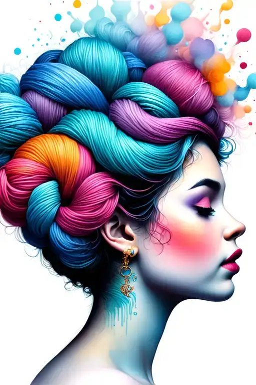 Side Profile Female Face With Large Weaves Of Yarn Exploding From Top It
