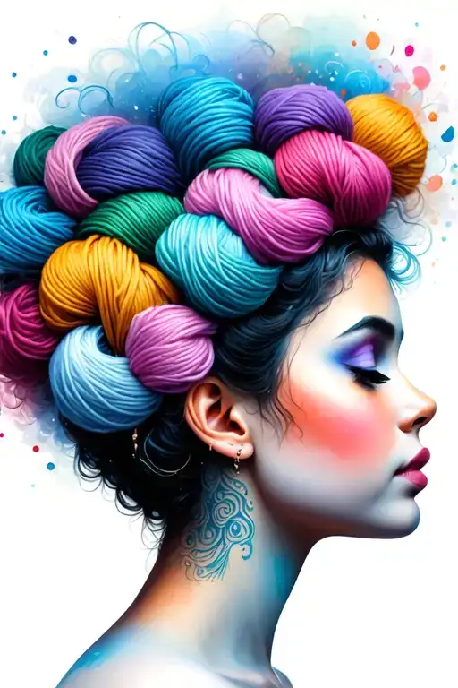 Side Profile Female Face With Large Weaves Of Yarn Exploding From Top It