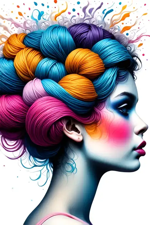 Side Profile Female Face With Large Weaves Of Yarn Exploding From Top It