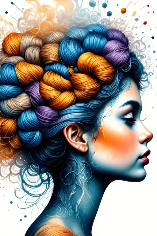 Side Profile Female Face With Large Weaves Of Yarn Exploding From Top It