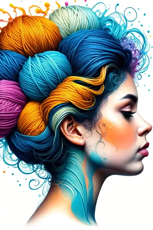 Side Profile Female Face With Large Weaves Of Yarn Exploding From Top It