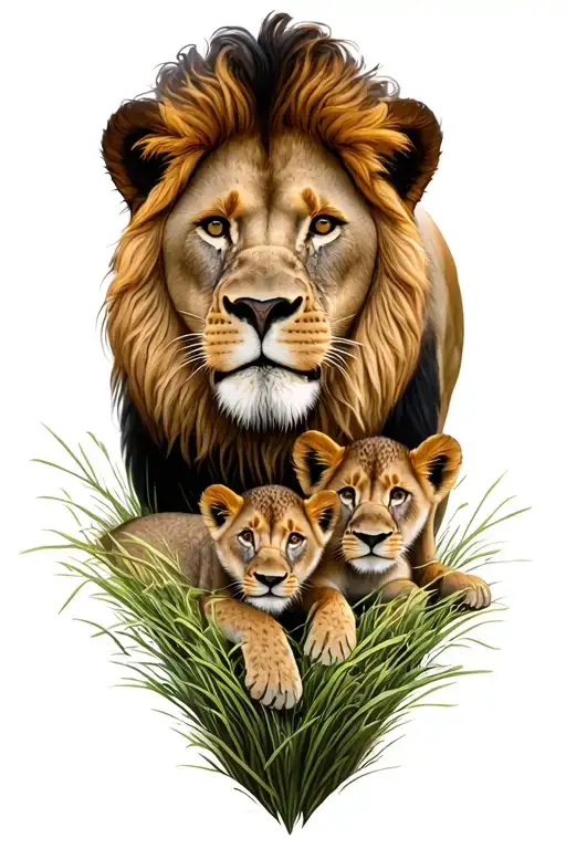 Male Lion With Cubs Laying In Grass In Africa Continent Eye