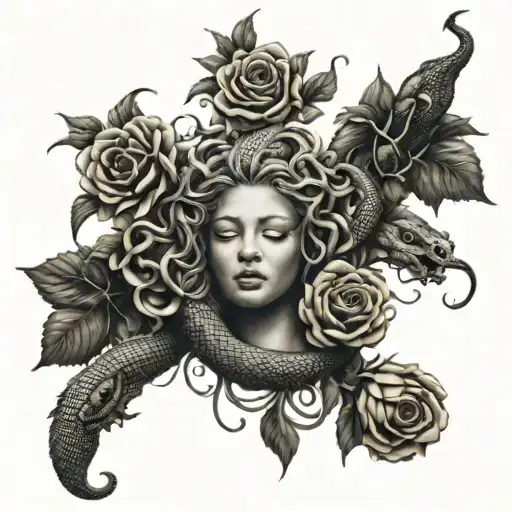 Medusa Snake Heads Surrounded By Sunflowers And Roses