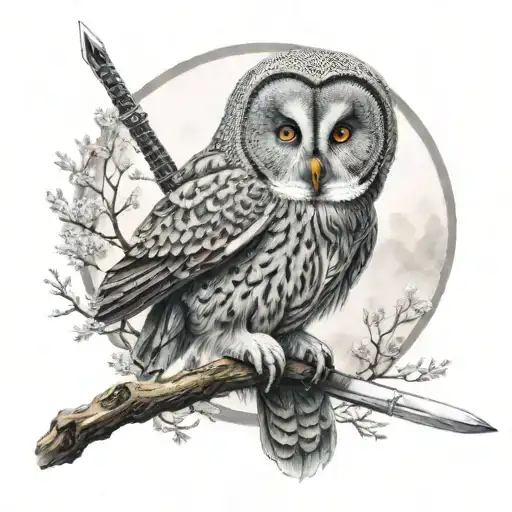 Great Grey Owl Perched And Holding Sword