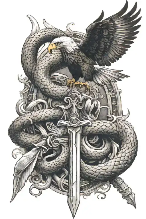 Snake Wrapped Around A Sword While An Eagle Is Fighting The Snake
