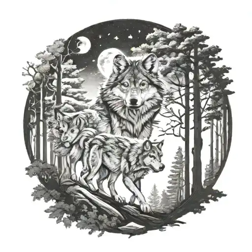 A Wolf Pack Roaming Through A Dark Forest With Moonlight Shining Through The Trees