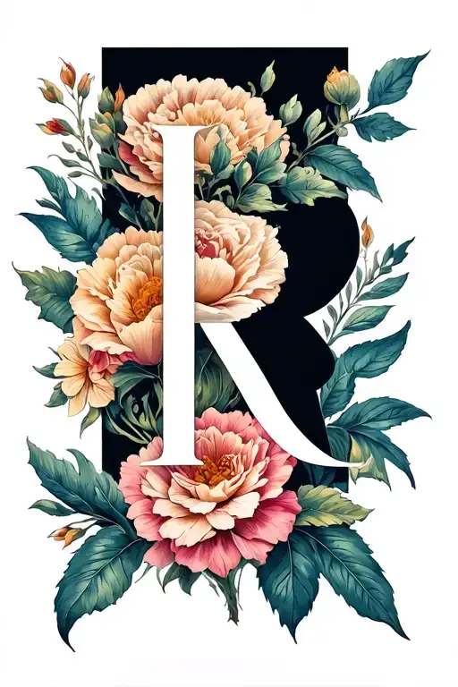 Men's Floral Tattoo With A Hidden Letter R For Stomach Or Side Of The Stomach