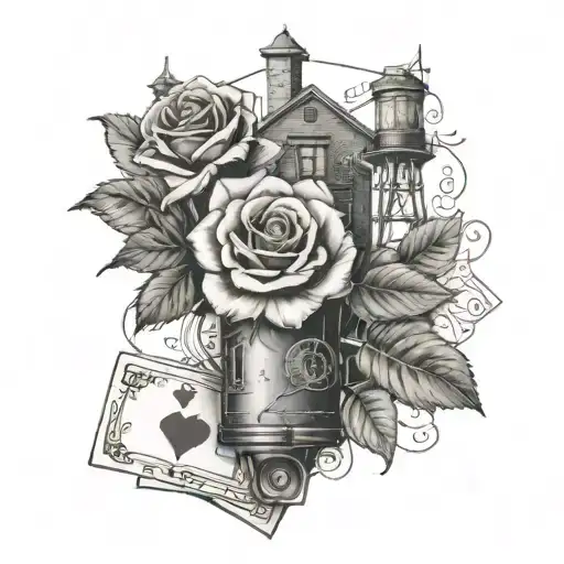 Rose With Cards And Old Water Tower