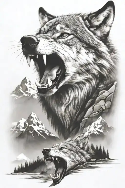 Growling Wolf Face And Realistic Rocky Mountains Inside