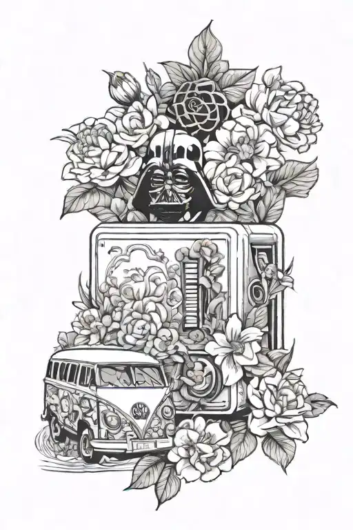 Mahjong Tile With Flowers Surrounding Them With Dori And A Kombi Van And Darth Vader