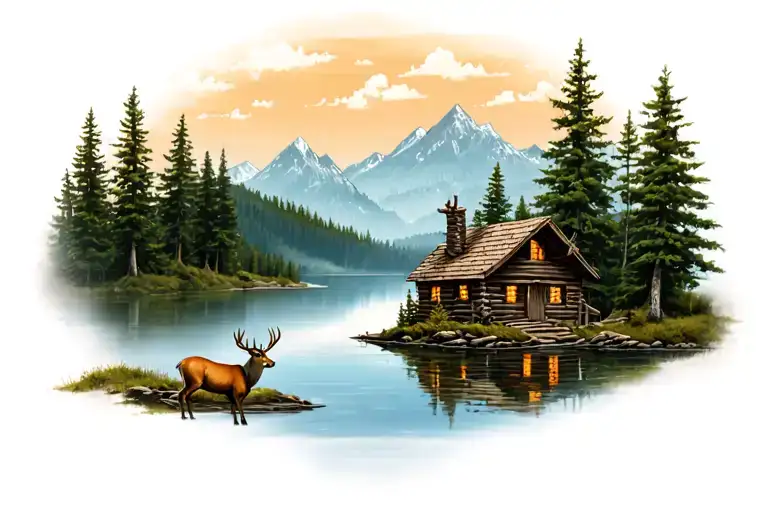 Outdoor Cabin Scenery With A Lake And Deer