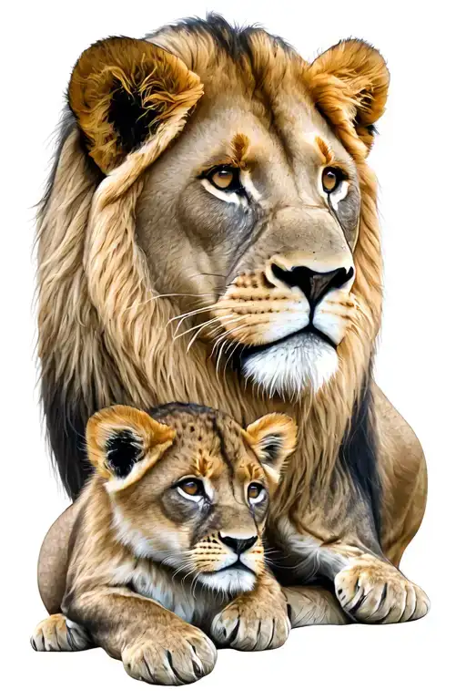 Lion And Cub Sitting Together