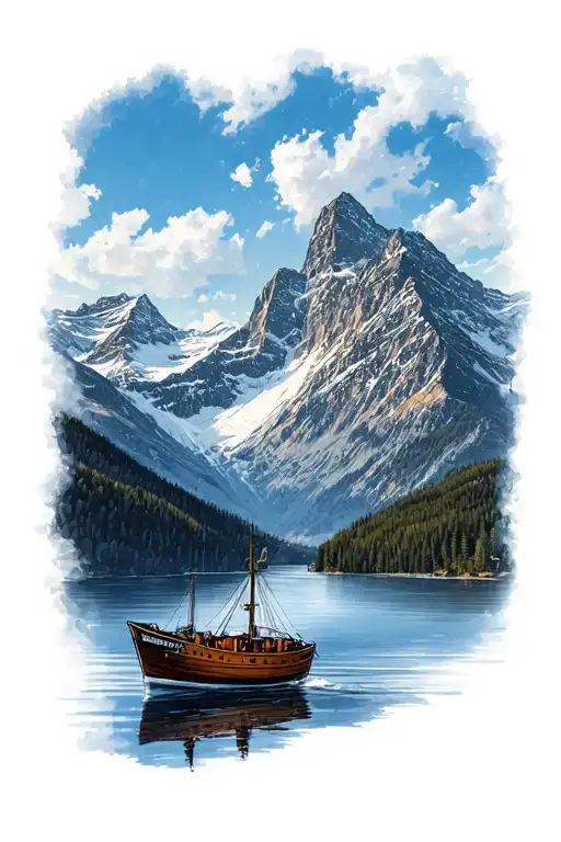 Mont Blanc With Lake With Reflective Shading Below And Detailed Fine Line Boat
