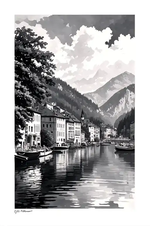Black And Grey Views Of Annecy With Lake And Reflective Shading