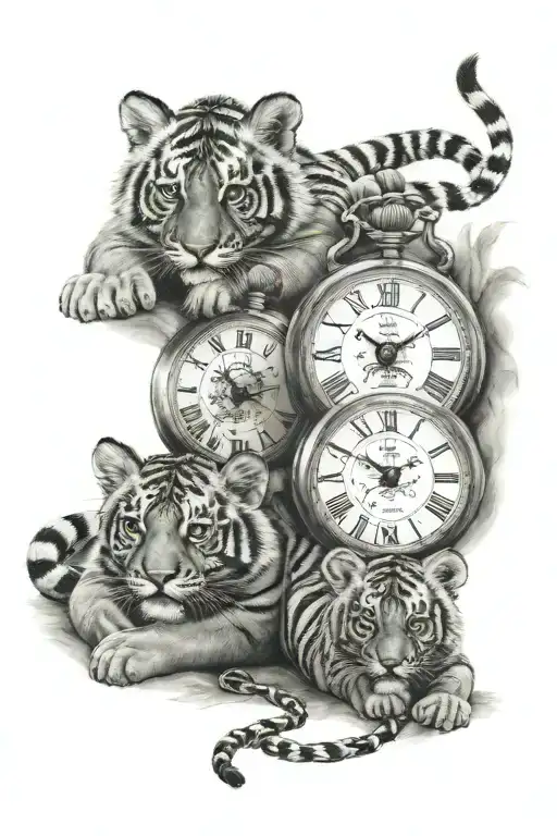 2 Tiger Cubs And 2 Pocket Watch