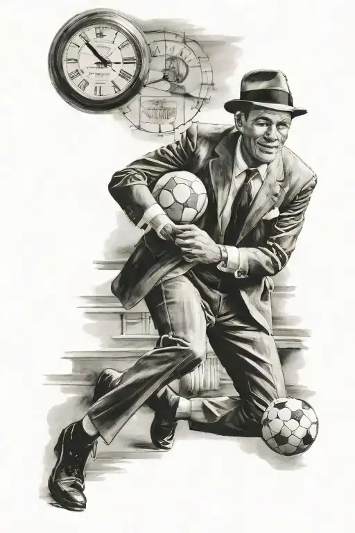 Portrait Of Frank Sinatra Playing Soccer With A Clock In The Background