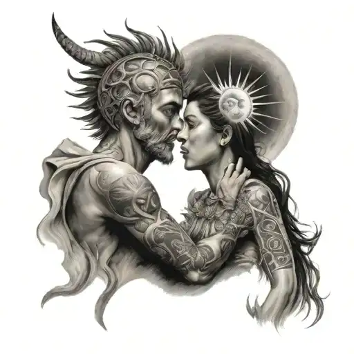 Portrait From Side Of A Moon And Sun Looking On Each Other