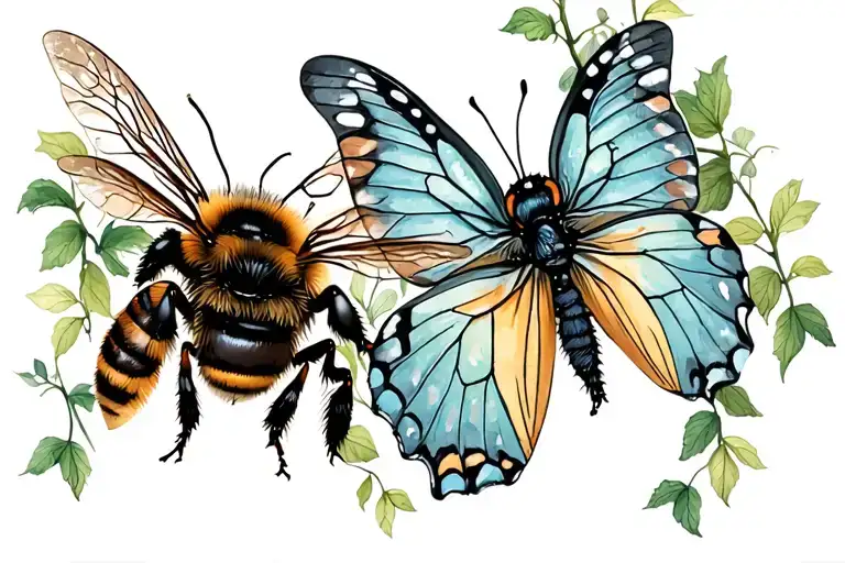 Bee And A Butterfly Connected By Vines