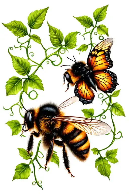 Bee And A Butterfly Connected By Vines