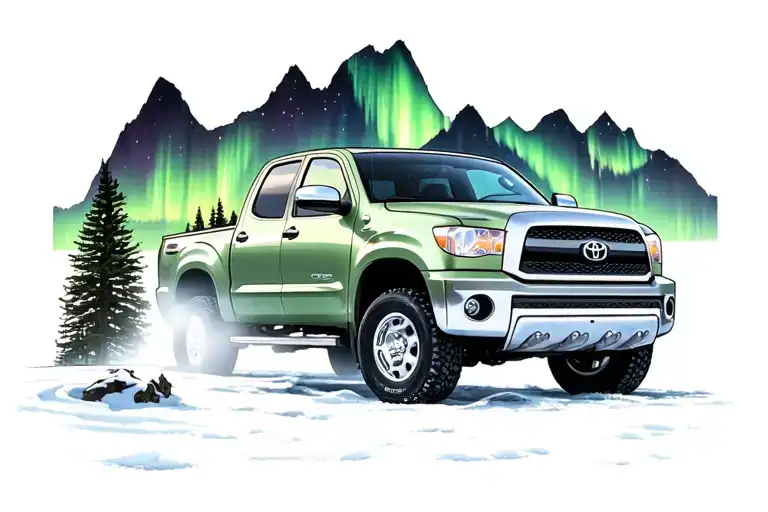 Northern Lights Shining Behind A 2002 Toyota Tundra Parked In Front Of A Mountain