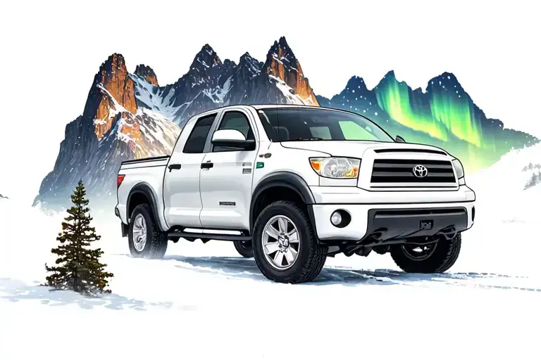 Northern Lights Shining Behind A White 2002 Toyota Tundra Parked In Front Of A Mountain